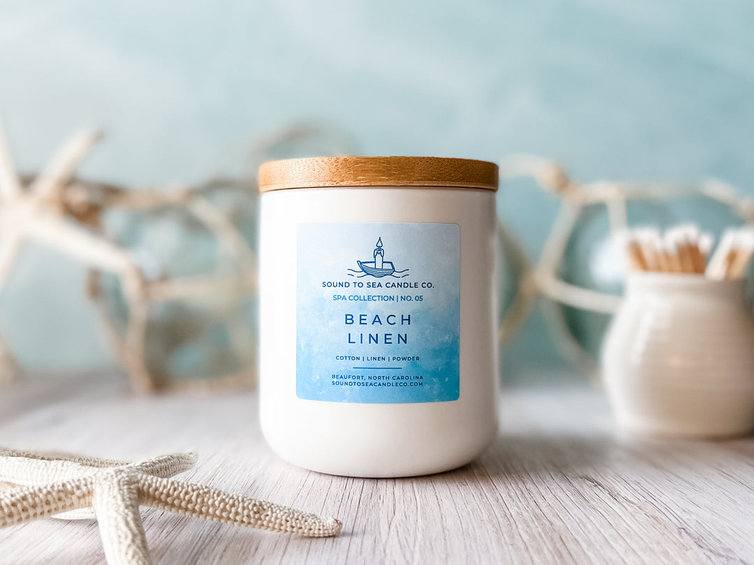 beach linen candle in matte white jar