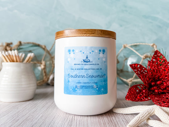 southern snowman candle in matte white jar