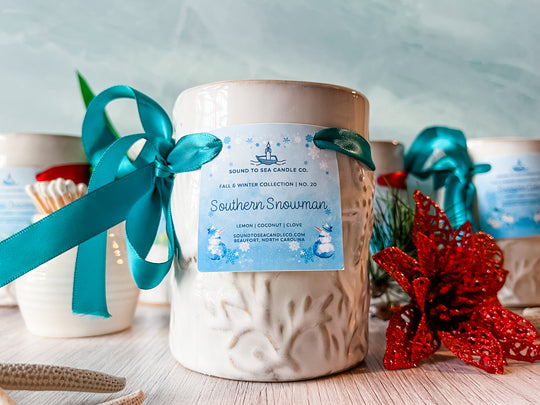 Southern Snowman candle, seashell jar - Sound to Sea Candle Co.